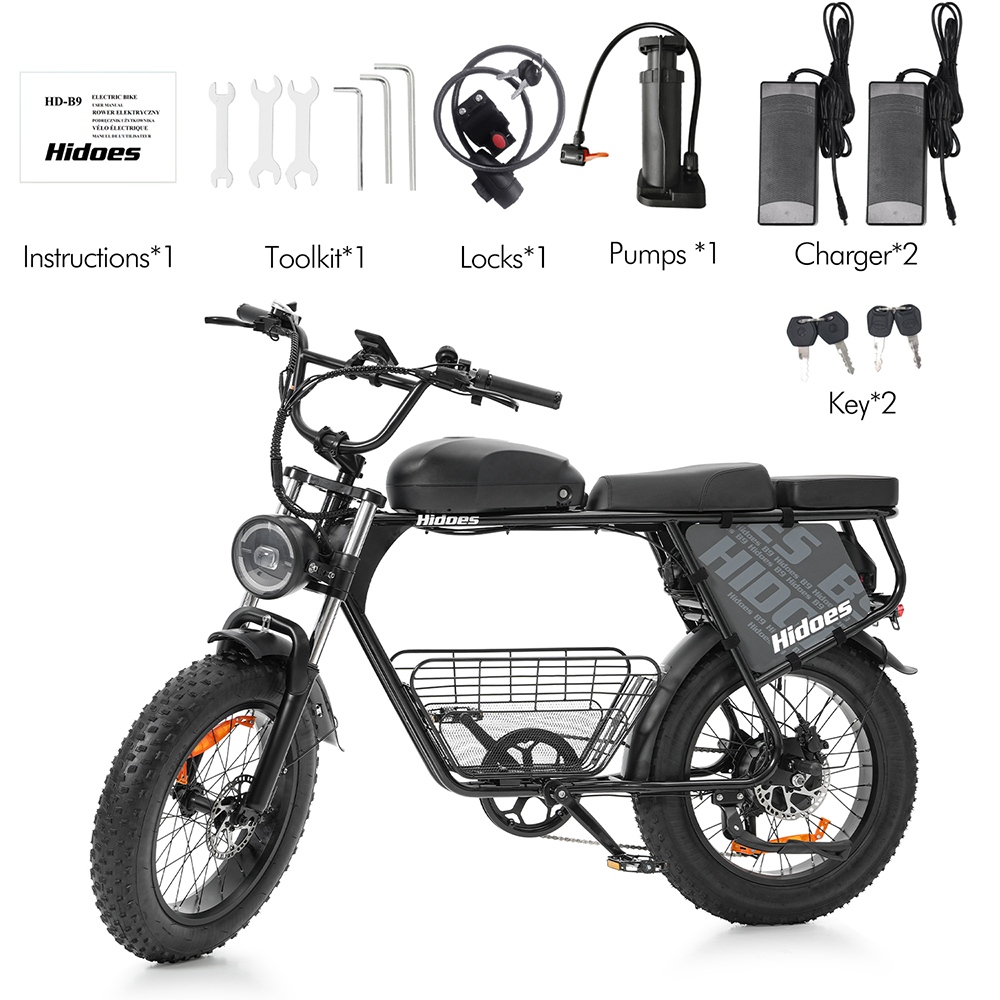 Hidoes B9 Electric Bike, 750W Motor, 48V 18.2Ah+15.6Ah Dual Battery, 20*4.0 inch Tires, 45km/h Max Speed, 150km Max Range, Front & Rear Hydraulic Disc Brakes, Dual Shock Absorbers