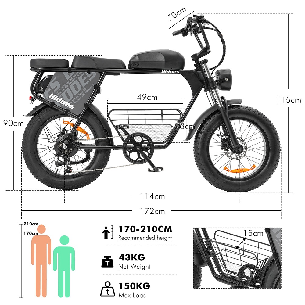 Hidoes B9 Electric Bike, 750W Motor, 48V 18.2Ah+15.6Ah Dual Battery, 20*4.0 inch Tires, 45km/h Max Speed, 150km Max Range, Front & Rear Hydraulic Disc Brakes, Dual Shock Absorbers