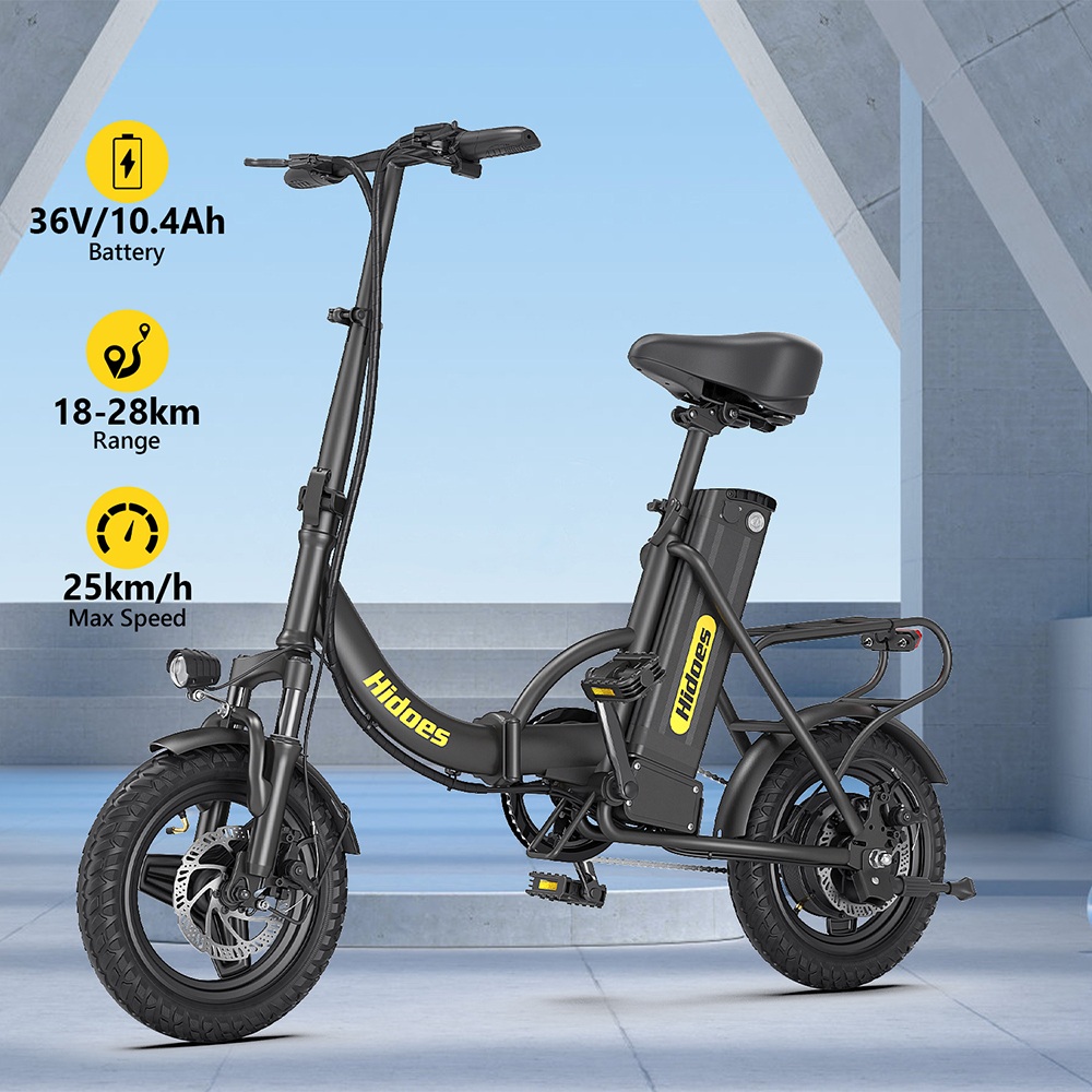 Hidoes C5 Folding Electric Bike, 350W Motor, 36V 10.4Ah Battery, 14 inch Tires, 25km/h Max Speed, 28km Range, Front & Rear Disc Brake, Front Fork Suspension