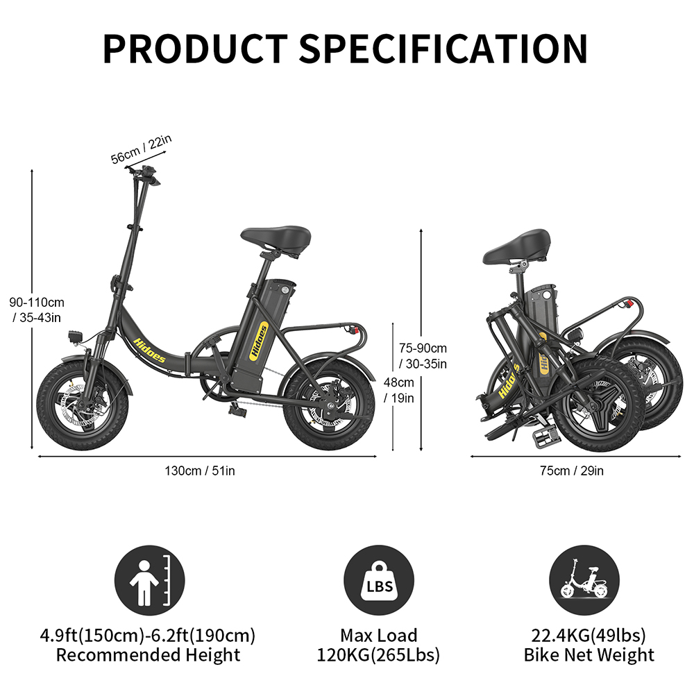 Hidoes C5 Folding Electric Bike, 350W Motor, 36V 10.4Ah Battery, 14 inch Tires, 25km/h Max Speed, 28km Range, Front & Rear Disc Brake, Front Fork Suspension