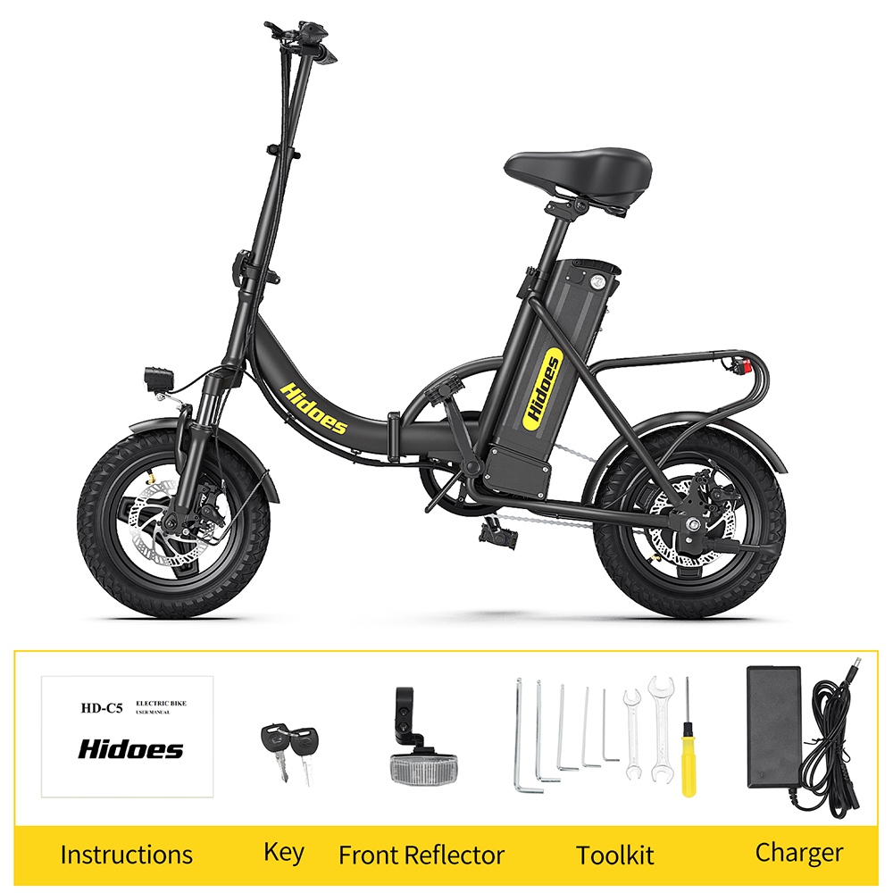 Hidoes C5 Folding Electric Bike, 350W Motor, 36V 10.4Ah Battery, 14 inch Tires, 25km/h Max Speed, 28km Range, Front & Rear Disc Brake, Front Fork Suspension