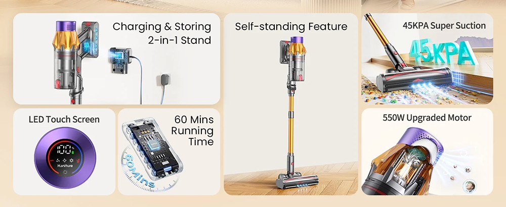 Honiture X7 Kabelloser Staubsauger, 45KPa Starke Saugkraft, 60 Minuten Laufzeit, 1,5L Staubkapazit&auml;t, Selbststehender 3-in-1 Stabstaubsauger, LED-Touchscreen, 7-Schicht-HEPA-Filtration, Leise &le; 68dB