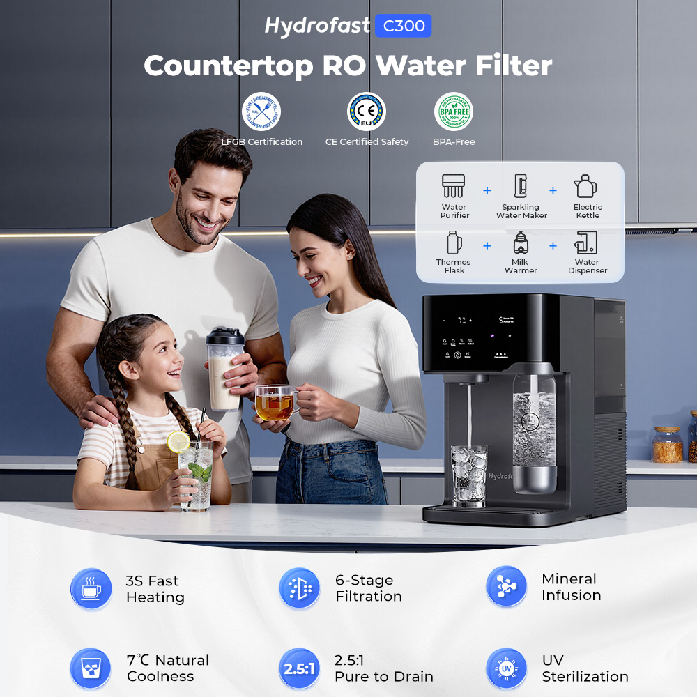 Hydrofast C300 RO Countertop Water Purifier, Iced & Sparkling Water Dispenser, 6-Stage Filtration with UV Sterilization, 5L Raw Tank & 1.5L Pure Tank, Adjustable Temperature & Volume, Smart TDS Display