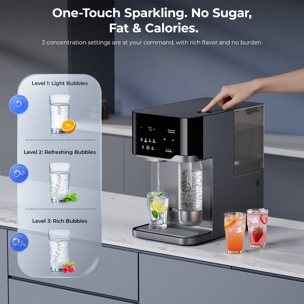 Hydrofast C300 RO Countertop Water Purifier, Iced & Sparkling Water Dispenser, 6-Stage Filtration with UV Sterilization, 5L Raw Tank & 1.5L Pure Tank, Adjustable Temperature & Volume, Smart TDS Display