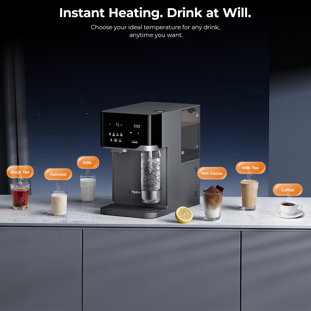 Hydrofast C300 RO Countertop Water Purifier, Iced & Sparkling Water Dispenser, 6-Stage Filtration with UV Sterilization, 5L Raw Tank & 1.5L Pure Tank, Adjustable Temperature & Volume, Smart TDS Display