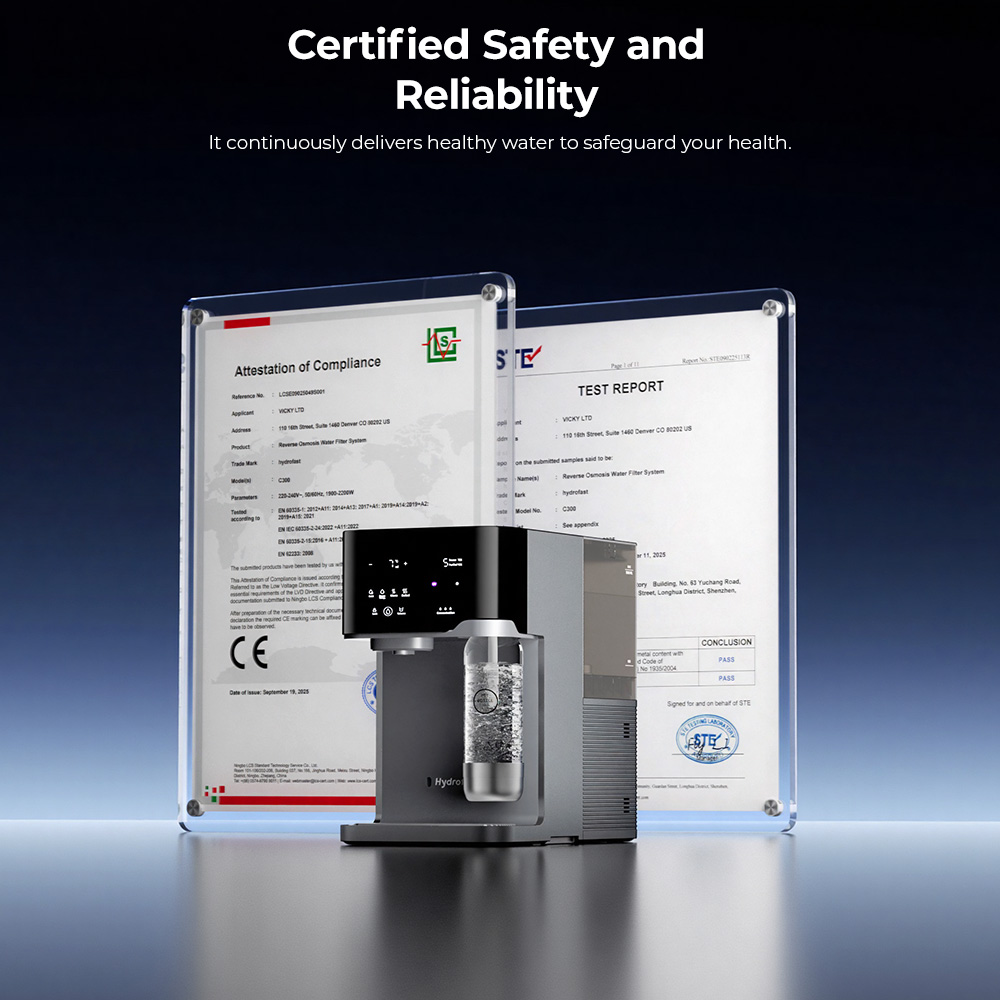 Hydrofast C300 RO Countertop Water Purifier, Iced & Sparkling Water Dispenser, 6-Stage Filtration with UV Sterilization, 5L Raw Tank & 1.5L Pure Tank, Adjustable Temperature & Volume, Smart TDS Display