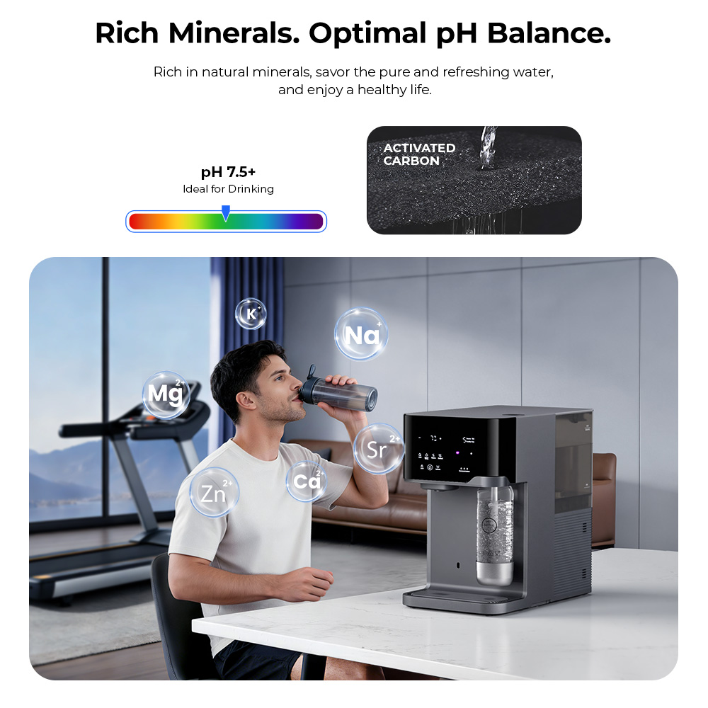 Hydrofast C300 RO Countertop Water Purifier, Iced & Sparkling Water Dispenser, 6-Stage Filtration with UV Sterilization, 5L Raw Tank & 1.5L Pure Tank, Adjustable Temperature & Volume, Smart TDS Display