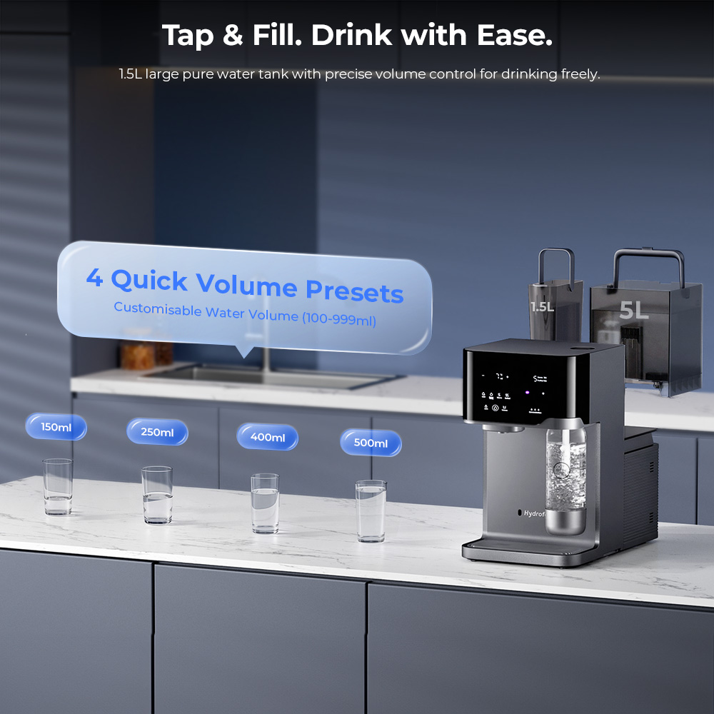 Hydrofast C300 RO Countertop Water Purifier, Iced & Sparkling Water Dispenser, 6-Stage Filtration with UV Sterilization, 5L Raw Tank & 1.5L Pure Tank, Adjustable Temperature & Volume, Smart TDS Display