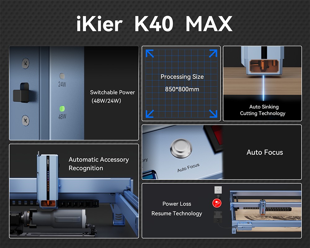 IKIER K40 MAX 40W-os l&eacute;zergrav&iacute;roz&oacute;, 850&times;800 mm-es nagy ter&uuml;let, 600 mm/s nagy sebess&eacute;g, 0,01 mm-es prec&iacute;zi&oacute;, k&eacute;tsebess&eacute;ges l&eacute;zer, 0,08&times;0,1 mm-es ultrafinom pontpont, autof&oacute;kusz &eacute;s automatikus s&uuml;llyeszt&eacute;ses v&aacute;g&aacute;s