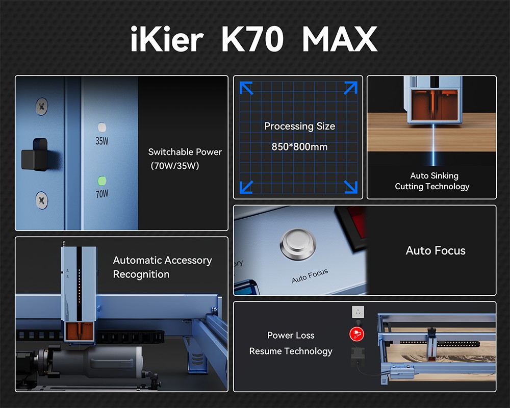 IKIER K70 MAX 70W Laser Engraver, 850×800mm Working Area, 0.01mm High Precision, 0.1×0.15mm Ultra-Fine Spot, 400mm/s Fast Speed, Auto Focus & Auto Sinking Cutting