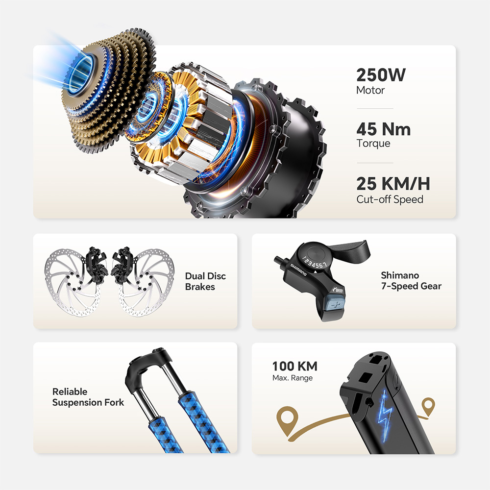 Touroll J2 ST Elektrofahrrad, 250-W-Motor, 36-V-15,6-Ah-Akku, 26-Zoll-Reifen, 25 km/h H&ouml;chstgeschwindigkeit, 100 km maximale Reichweite, mechanische Scheibenbremse, Federgabel, Shimano 7-Gang-Schaltung &ndash; Grau