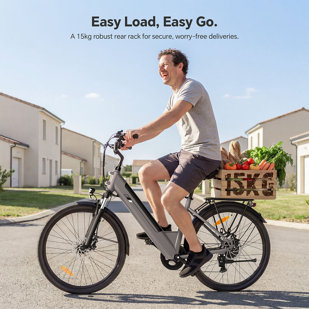 Touroll J2 ST Elektrofahrrad, 250-W-Motor, 36-V-15,6-Ah-Akku, 26-Zoll-Reifen, 25 km/h H&ouml;chstgeschwindigkeit, 100 km maximale Reichweite, mechanische Scheibenbremse, Federgabel, Shimano 7-Gang-Schaltung &ndash; Grau