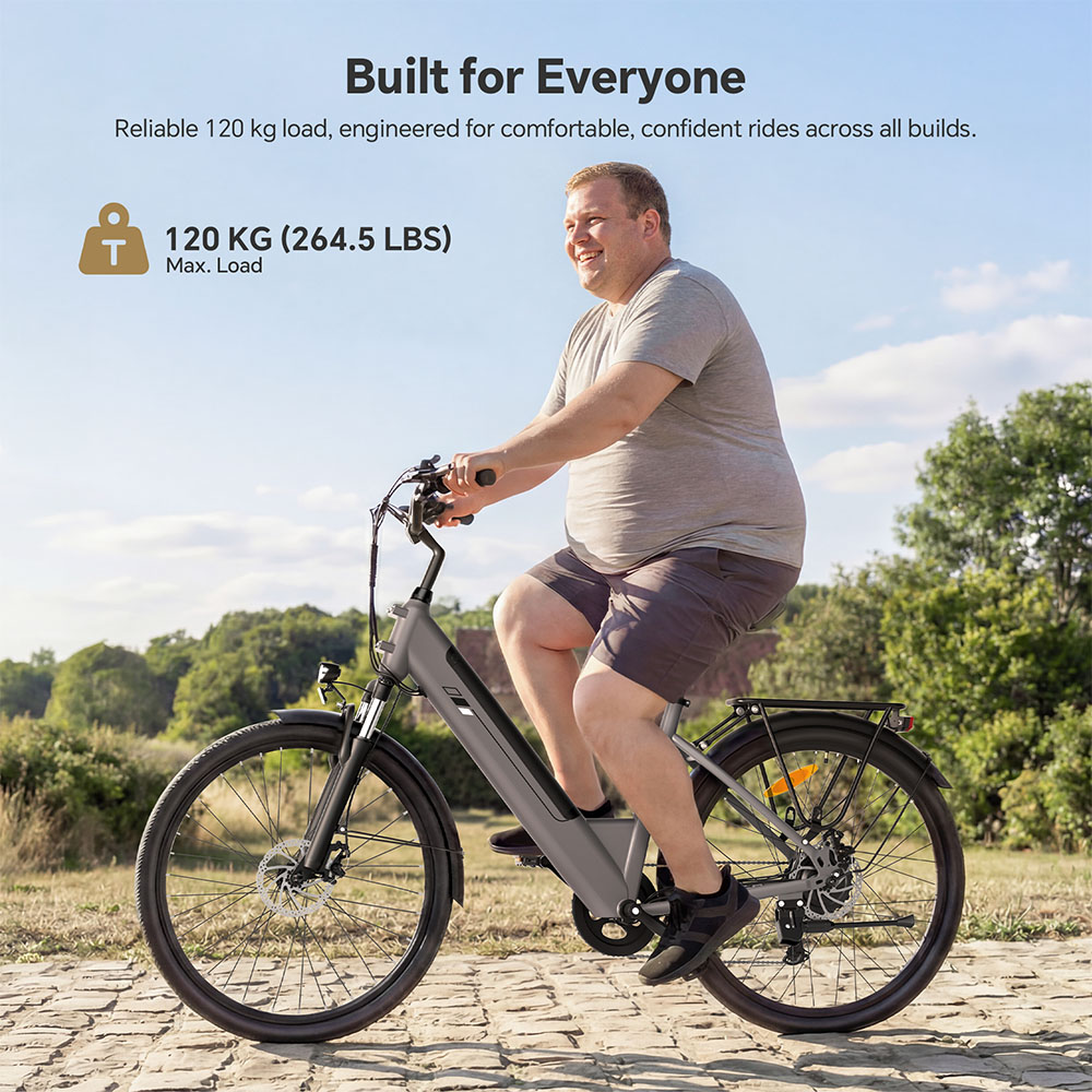 Touroll J2 ST Elektrofahrrad, 250-W-Motor, 36-V-15,6-Ah-Akku, 26-Zoll-Reifen, 25 km/h H&ouml;chstgeschwindigkeit, 100 km maximale Reichweite, mechanische Scheibenbremse, Federgabel, Shimano 7-Gang-Schaltung &ndash; Grau