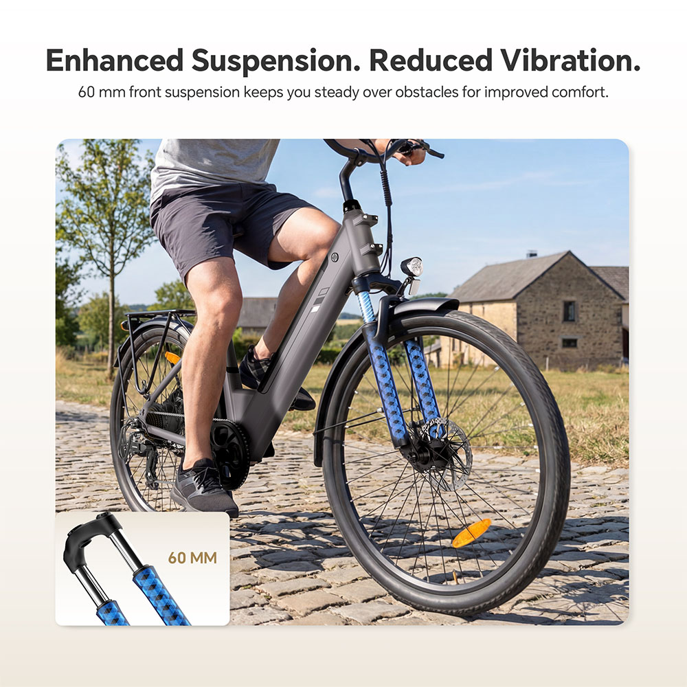 Touroll J2 ST Elektrofahrrad, 250-W-Motor, 36-V-15,6-Ah-Akku, 26-Zoll-Reifen, 25 km/h H&ouml;chstgeschwindigkeit, 100 km maximale Reichweite, mechanische Scheibenbremse, Federgabel, Shimano 7-Gang-Schaltung &ndash; Grau