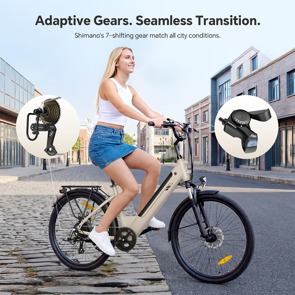Touroll J2 ST Elektrofahrrad, 250-W-Motor, 36-V-15,6-Ah-Akku, 26-Zoll-Reifen, 25 km/h H&ouml;chstgeschwindigkeit, 100 km maximale Reichweite, mechanische Scheibenbremse, Federgabel, Shimano 7-Gang-Schaltung &ndash; Grau