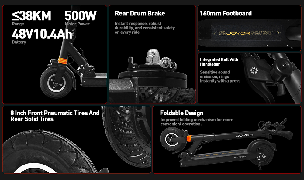 Joyor F5 Electric Scooter, 500W Motor, 48V 10.4Ah Battery, 8 inch Tires, 25km/h Max Speed, 38km Range, Rear Drum Brake, Front Spring Shock Absorber