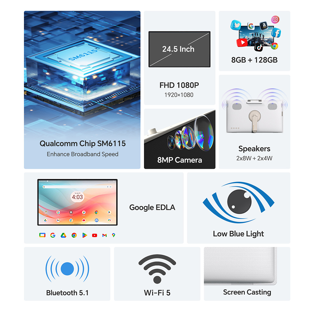 KTC A25Q5 24.5 inch Touchscreen Portable Monitor, 1920*1080 60Hz IPS Screen, Google EDLA, Android 14, 8GB+128GB, 8MP Camera, 2*8W+2*4W Speakers, Up to 8 Hours Battery Life, Low Blue Light, Screen Casting, 0-45° Swivel Angle & 90° Pivot Angle