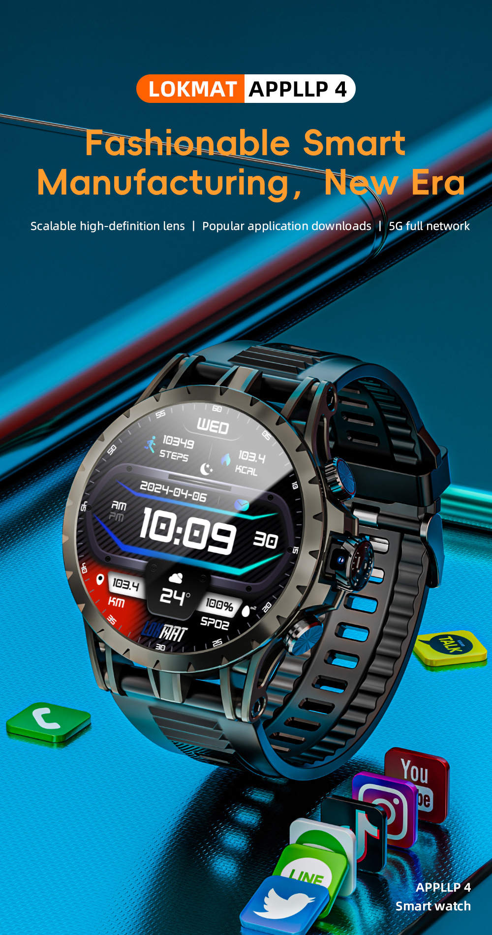 LOKMAT APPLLP 4 Smartwatch, 1,508 Zoll AMOLED-Bildschirm, 4G/5G SIM-Karte, Herzfrequenz- und Blutsauerstoffmessung, GPS-Ortung