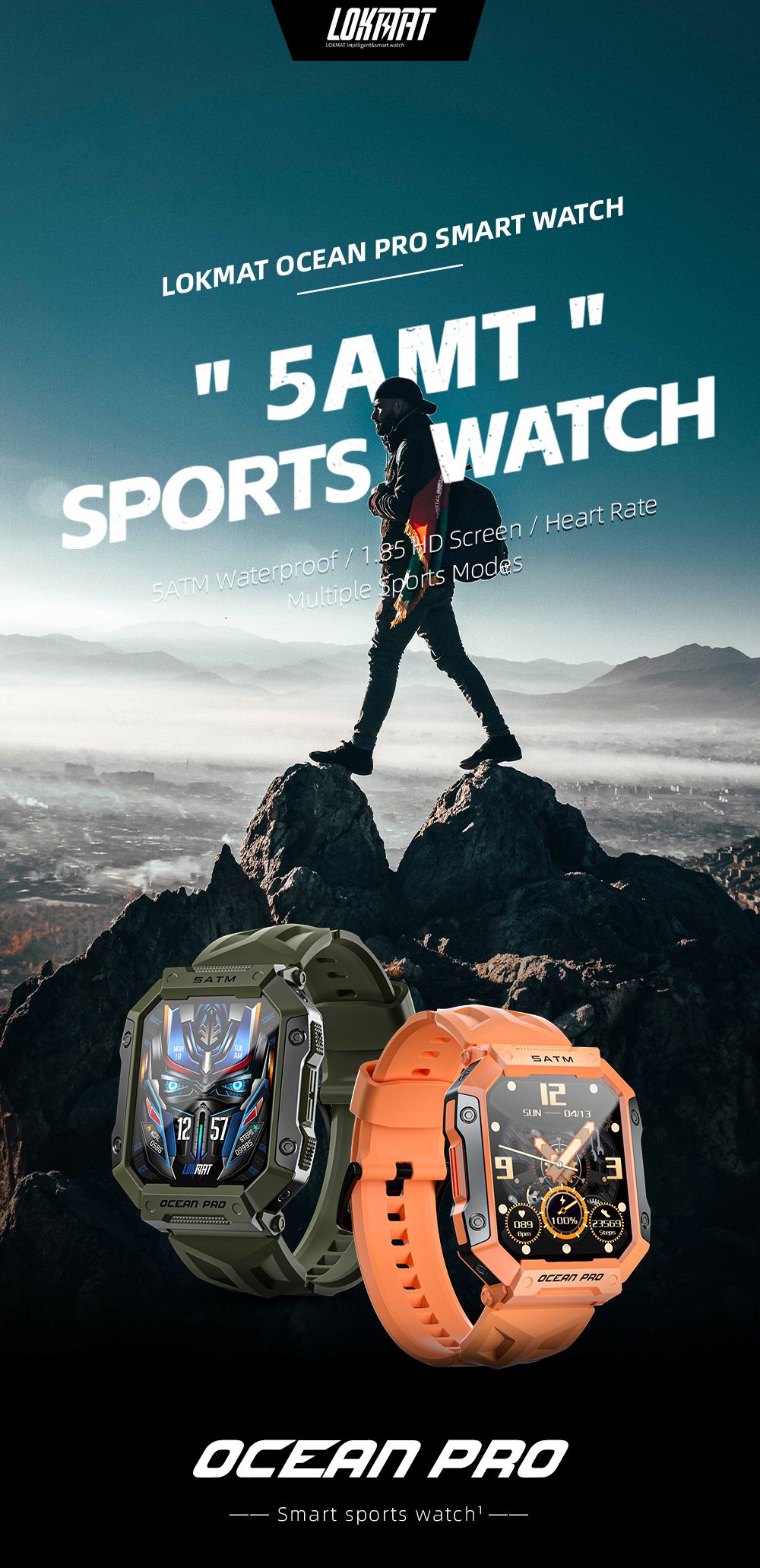 LOKMAT OCEAN PRO Smartwatch 1.85 inch Full Touch Screen, Fitness Tracker, Heart Rate Monitor, Sports Mode - Black
