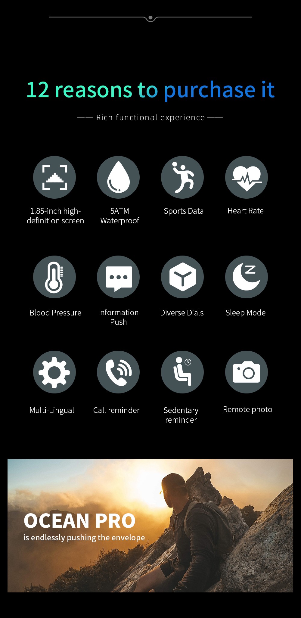 LOKMAT OCEAN PRO Smartwatch 1.85 inch Full Touch Screen, Fitness Tracker, Heart Rate Monitor, Sports Mode - Black