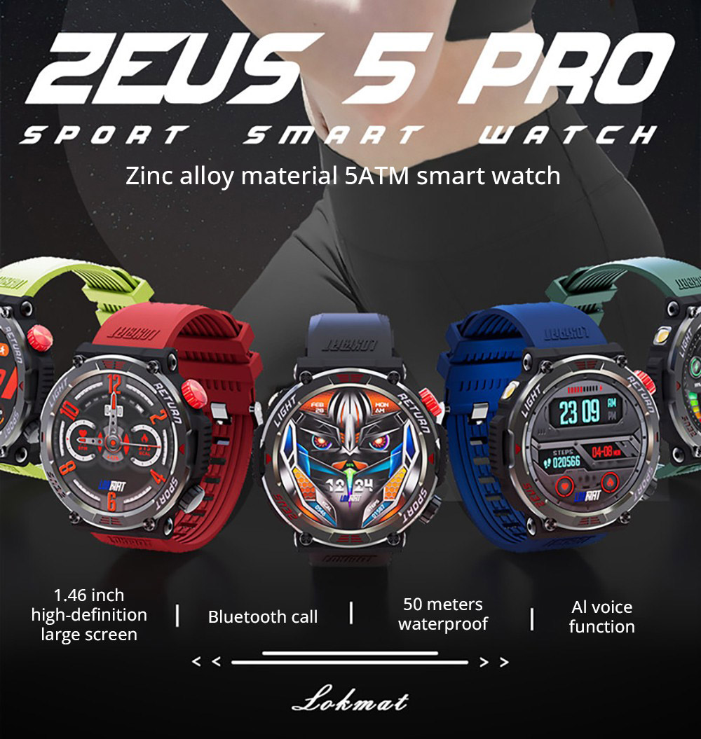 LOKMAT ZEUS 5 Pro Smartwatch Health Monitor, 1.46'' HD Screen, Bluetooth Calling, 5ATM Waterproof - Black