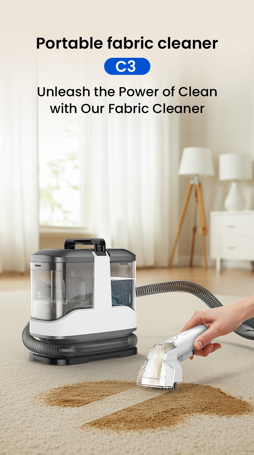 MAMNV C3 Portable Fabric Cleaner, 13,000Pa Suction, 500W Brush Motor, 1.5m Flexible Hose, 1000ml Clean & 500ml Waste Tanks, Lightweight & Quiet, for Sofa/Carpet/ Mattress/Car