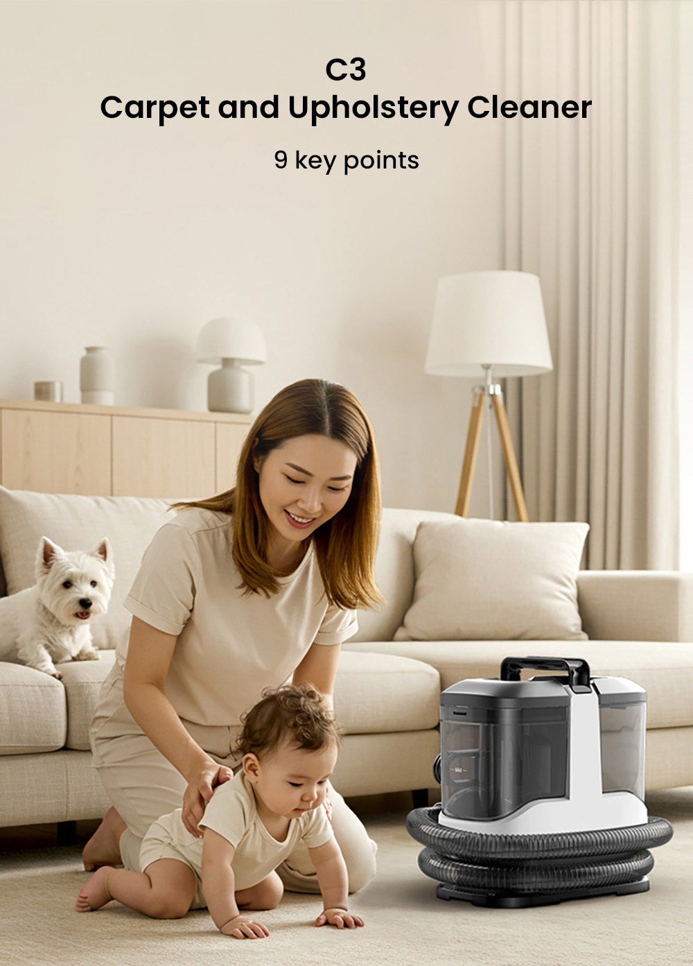 MAMNV C3 Portable Fabric Cleaner, 13,000Pa Suction, 500W Brush Motor, 1.5m Flexible Hose, 1000ml Clean & 500ml Waste Tanks, Lightweight & Quiet, for Sofa/Carpet/ Mattress/Car