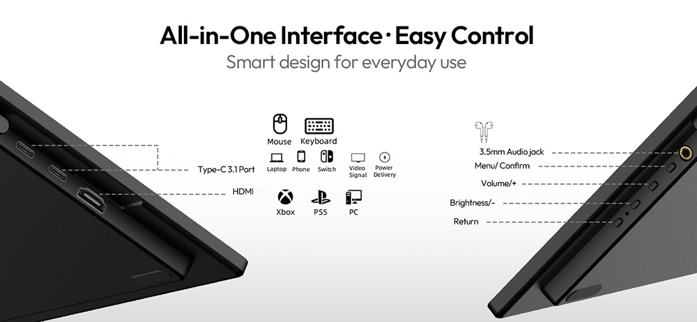 MESWAO S238 23.8 inch Portable Monitor, 1080P FHD IPS Screen, 120Hz Refresh Rate, 100% sRGB, 178&deg; Wide Viewing Angle, Built-in Dual Speaker, 180&deg; Adjustable Mount, 100x100mm VESA Mount, 2*Type-C, 1*HDMI, 1*Audio - EU Plug