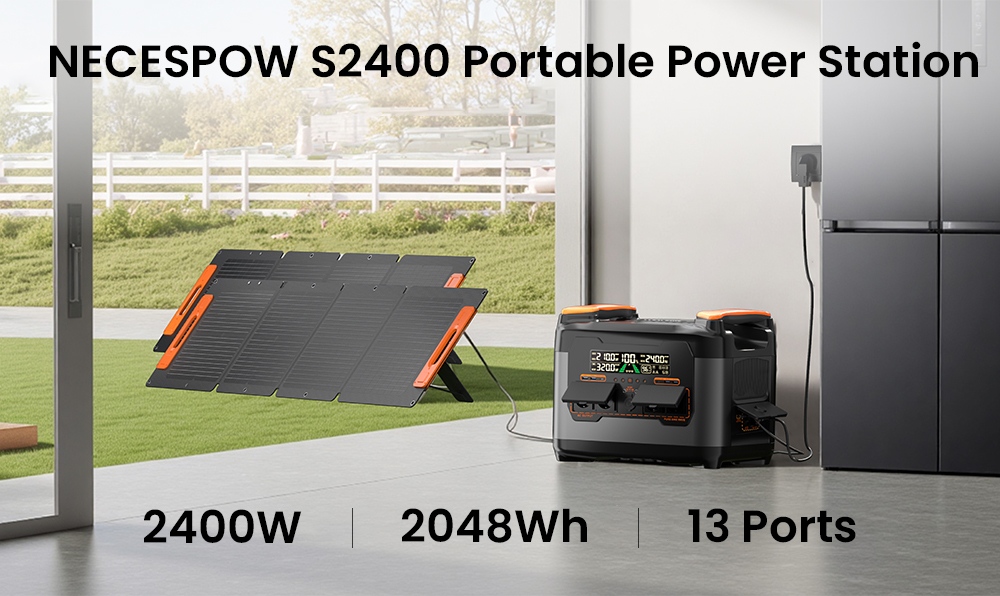 NECESPOW S2400 Portable Power Station, 2400W Output, 2048Wh LiFePO₄ Battery, 13 Ports, 1.5H Fast Charging, 20ms UPS Backup, App Control, for Outdoor/RV/Home Use