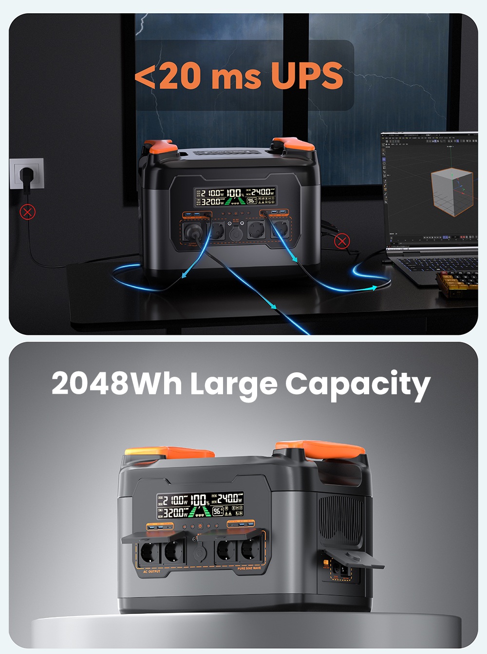 NECESPOW S2400 Portable Power Station, 2400W Output, 2048Wh LiFePO₄ Battery, 13 Ports, 1.5H Fast Charging, 20ms UPS Backup, App Control, for Outdoor/RV/Home Use