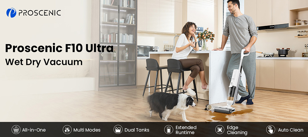 Proscenic F10 Ultra 3-in-1 Akku-Staubsauger, Nass- und Trockenreinigung, 60 Minuten Laufzeit, 1,3-Liter-Doppelwassertank, LED-Anzeige, Selbstreinigungsfunktion und 3 Modi
