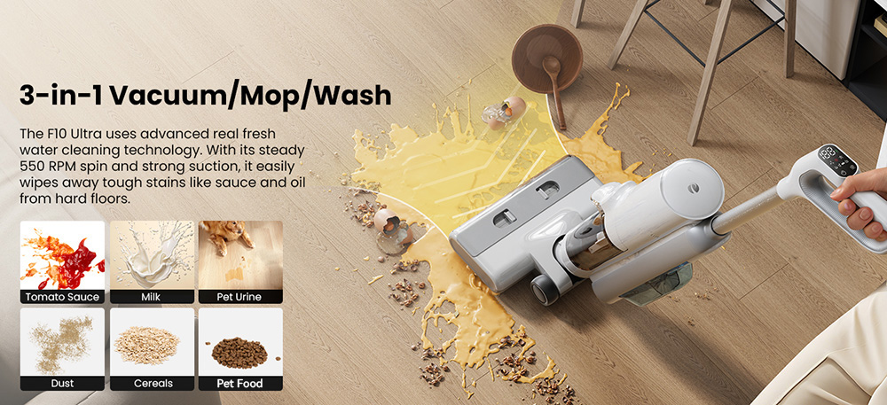 Proscenic F10 Ultra 3-in-1 Akku-Staubsauger, Nass- und Trockenreinigung, 60 Minuten Laufzeit, 1,3-Liter-Doppelwassertank, LED-Anzeige, Selbstreinigungsfunktion und 3 Modi