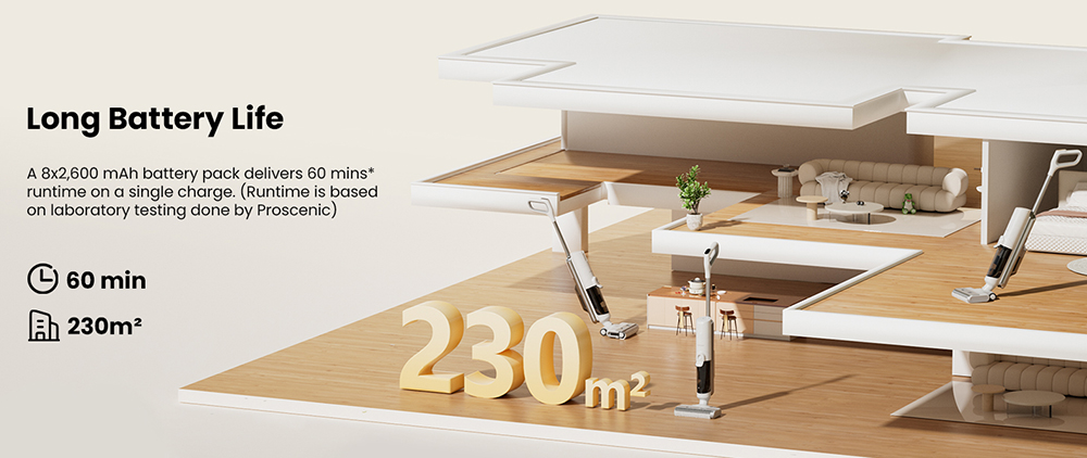 Proscenic F10 Ultra 3-in-1 Akku-Staubsauger, Nass- und Trockenreinigung, 60 Minuten Laufzeit, 1,3-Liter-Doppelwassertank, LED-Anzeige, Selbstreinigungsfunktion und 3 Modi