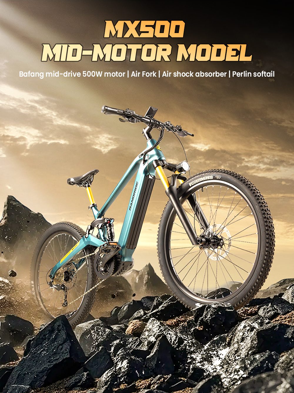 RANDRIDE MX500 Vélo électrique, moteur central 500W, batterie 48V 15Ah, pneus de 27,5 pouces, vitesse maximale de 45 km/h, autonomie maximale de 150 km, frein hydraulique, fourche avant à air, Shimano 9 vitesses