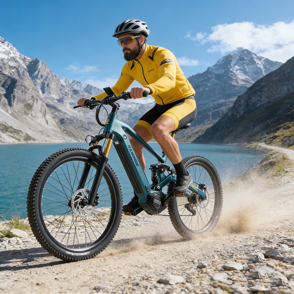 RANDRIDE MX500 Vélo électrique, moteur central 500W, batterie 48V 15Ah, pneus de 27,5 pouces, vitesse maximale de 45 km/h, autonomie maximale de 150 km, frein hydraulique, fourche avant à air, Shimano 9 vitesses