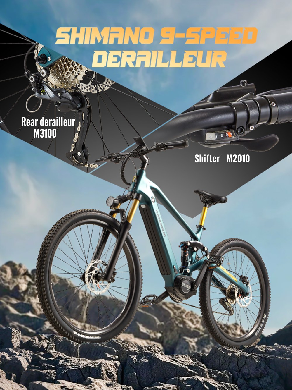 RANDRIDE MX500 Vélo électrique, moteur central 500W, batterie 48V 15Ah, pneus de 27,5 pouces, vitesse maximale de 45 km/h, autonomie maximale de 150 km, frein hydraulique, fourche avant à air, Shimano 9 vitesses