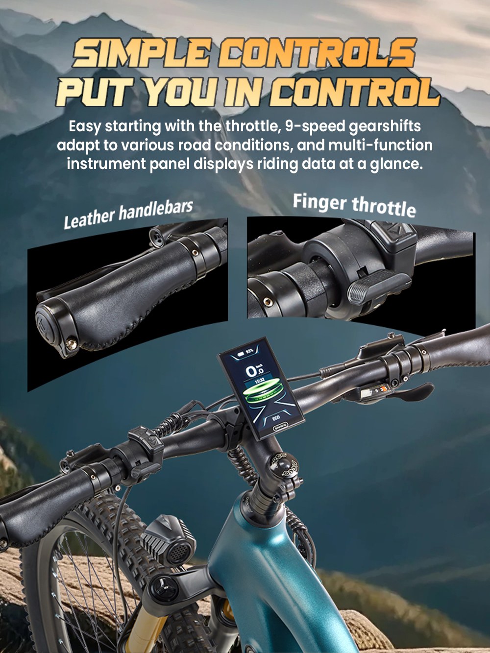 RANDRIDE MX500 Vélo électrique, moteur central 500W, batterie 48V 15Ah, pneus de 27,5 pouces, vitesse maximale de 45 km/h, autonomie maximale de 150 km, frein hydraulique, fourche avant à air, Shimano 9 vitesses