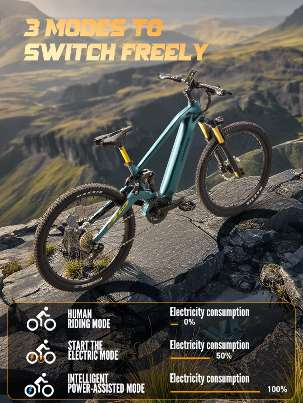 RANDRIDE MX500 Vélo électrique, moteur central 500W, batterie 48V 15Ah, pneus de 27,5 pouces, vitesse maximale de 45 km/h, autonomie maximale de 150 km, frein hydraulique, fourche avant à air, Shimano 9 vitesses