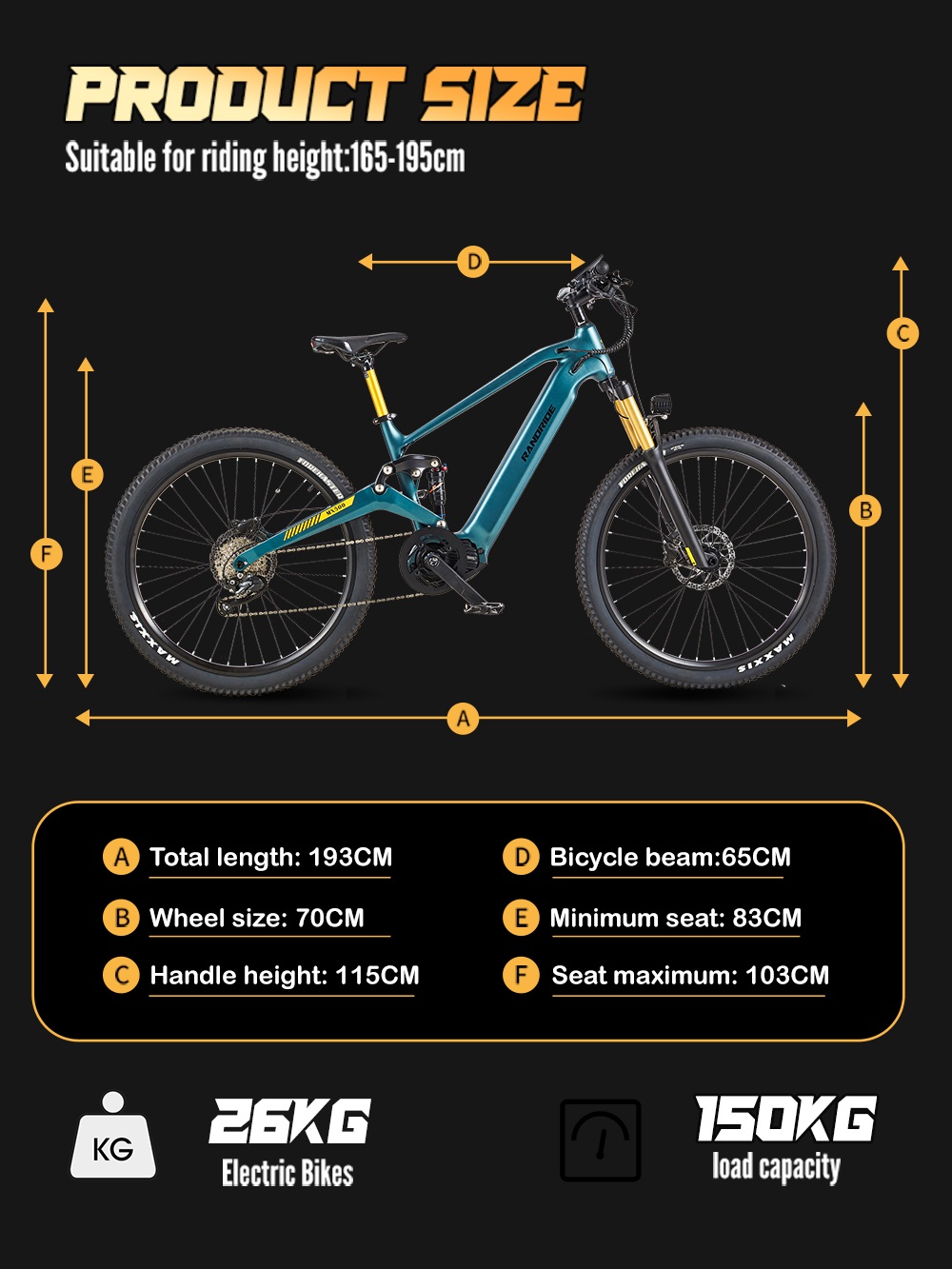 RANDRIDE MX500 Vélo électrique, moteur central 500W, batterie 48V 15Ah, pneus de 27,5 pouces, vitesse maximale de 45 km/h, autonomie maximale de 150 km, frein hydraulique, fourche avant à air, Shimano 9 vitesses