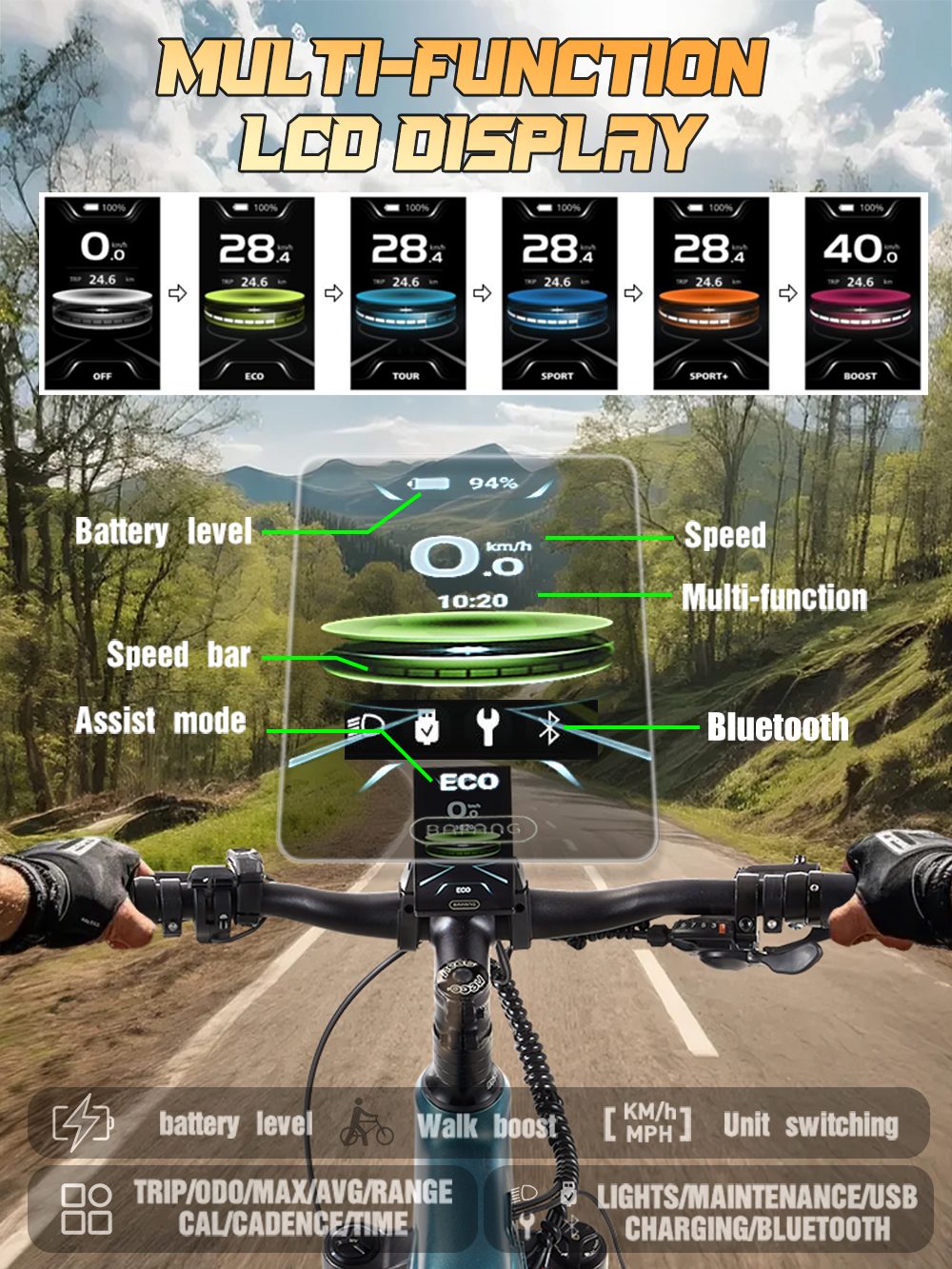 RANDRIDE MX500 Vélo électrique, moteur central 500W, batterie 48V 15Ah, pneus de 27,5 pouces, vitesse maximale de 45 km/h, autonomie maximale de 150 km, frein hydraulique, fourche avant à air, Shimano 9 vitesses