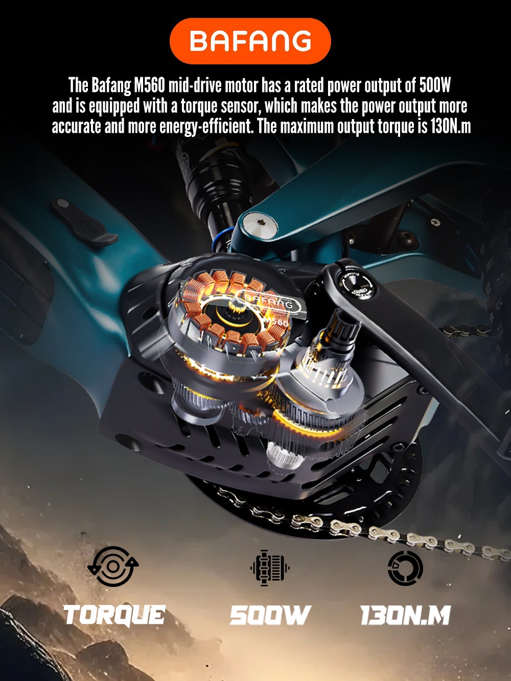 RANDRIDE MX500 Vélo électrique, moteur central 500W, batterie 48V 15Ah, pneus de 27,5 pouces, vitesse maximale de 45 km/h, autonomie maximale de 150 km, frein hydraulique, fourche avant à air, Shimano 9 vitesses