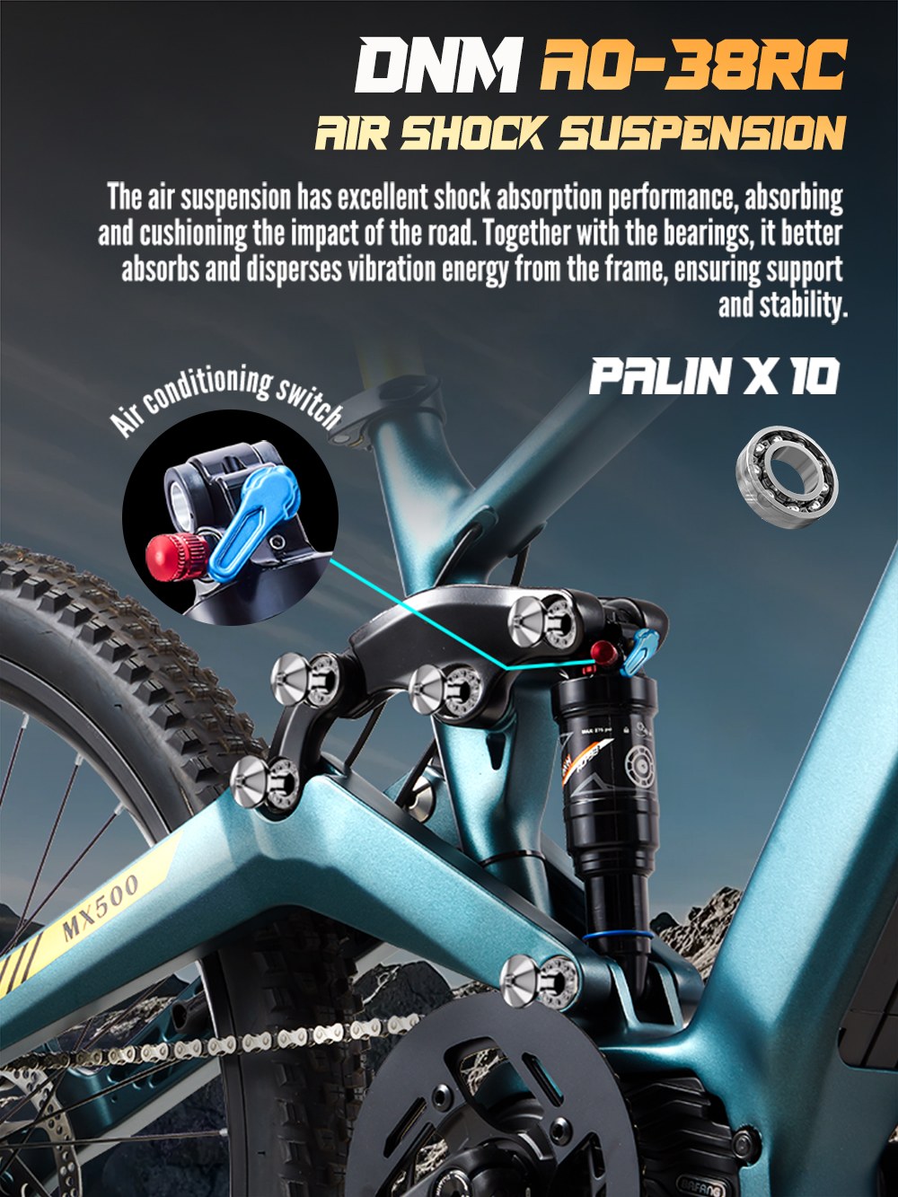 RANDRIDE MX500 Vélo électrique, moteur central 500W, batterie 48V 15Ah, pneus de 27,5 pouces, vitesse maximale de 45 km/h, autonomie maximale de 150 km, frein hydraulique, fourche avant à air, Shimano 9 vitesses