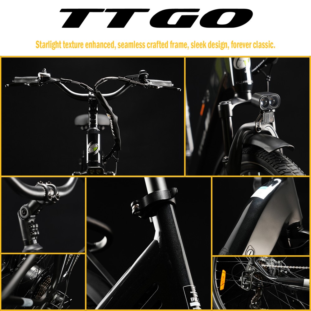 TTGO C3 SE Electric Bike, 250W Motor, 36V 18Ah Battery, 28 inch Tires, 25km/h Max Speed, 120km Max Range, Mechanical Disc Brakes, Front Suspension Fork, Shimano 7-speed - Black