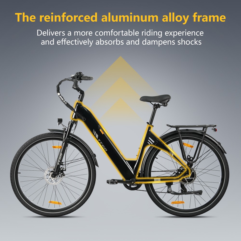 TTGO C3 SE Electric Bike, 250W Motor, 36V 18Ah Battery, 28 inch Tires, 25km/h Max Speed, 120km Max Range, Mechanical Disc Brakes, Front Suspension Fork, Shimano 7-speed - Black