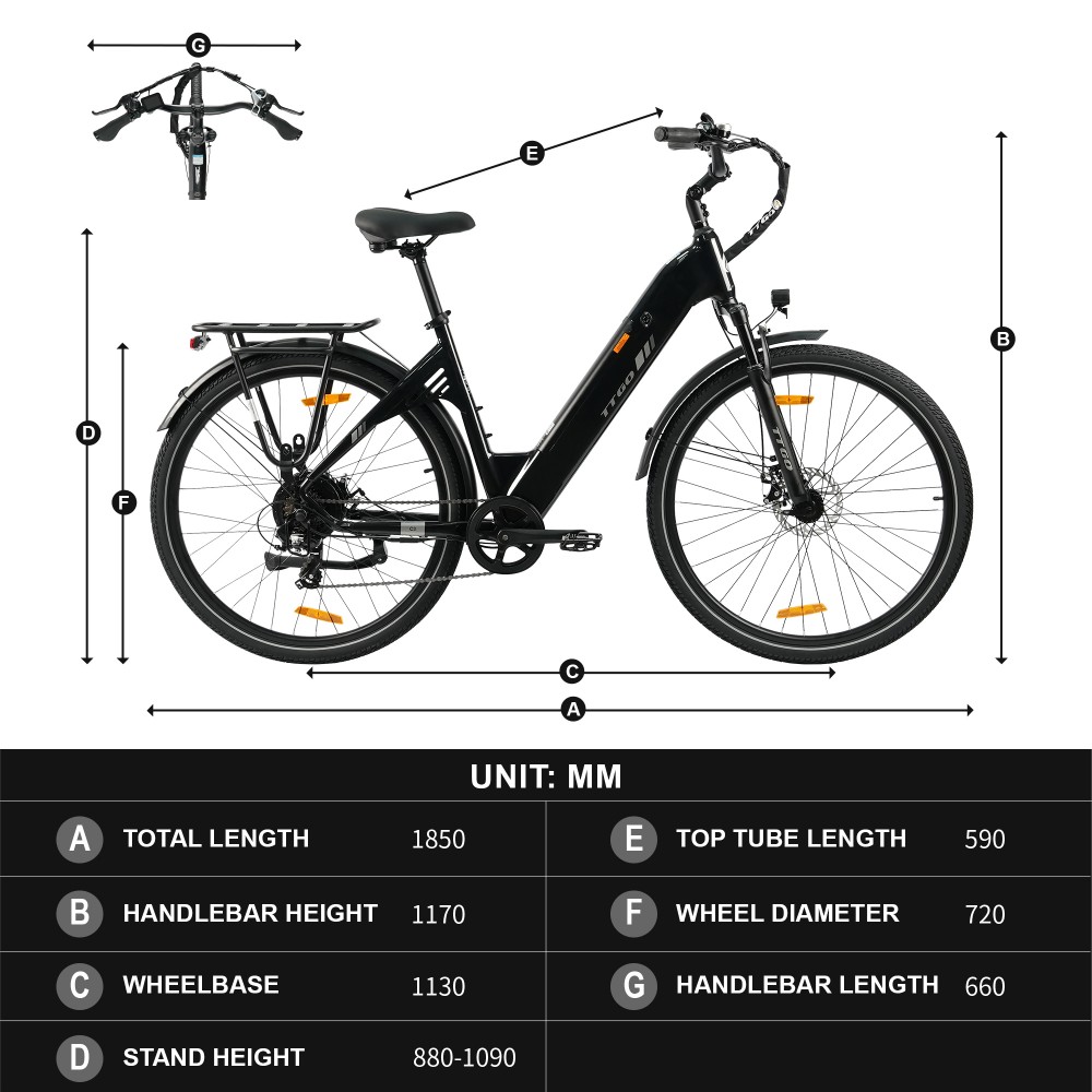 TTGO C3 SE Electric Bike, 250W Motor, 36V 18Ah Battery, 28 inch Tires, 25km/h Max Speed, 120km Max Range, Mechanical Disc Brakes, Front Suspension Fork, Shimano 7-speed - Black