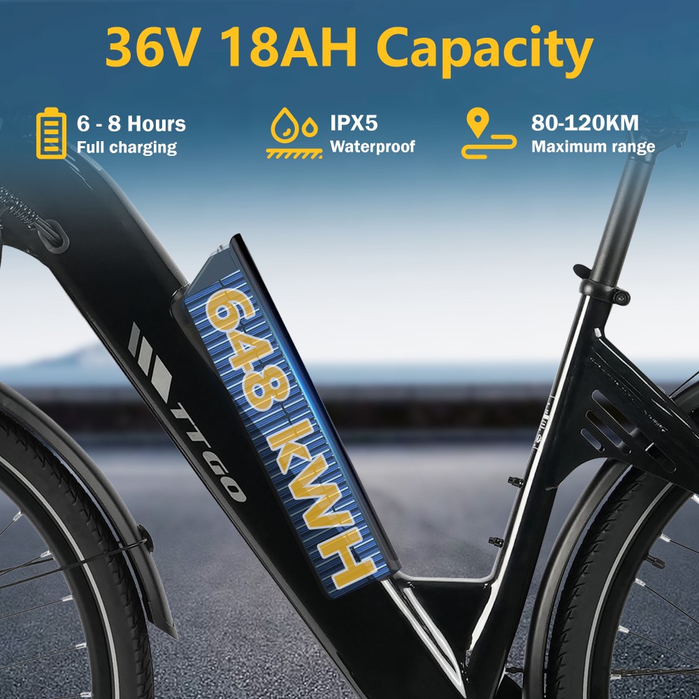 TTGO C3 SE Electric Bike, 250W Motor, 36V 18Ah Battery, 28 inch Tires, 25km/h Max Speed, 120km Max Range, Mechanical Disc Brakes, Front Suspension Fork, Shimano 7-speed - Black