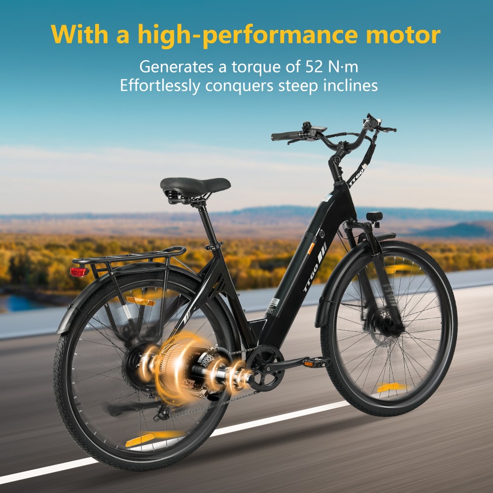 TTGO C3 SE Electric Bike, 250W Motor, 36V 18Ah Battery, 28 inch Tires, 25km/h Max Speed, 120km Max Range, Mechanical Disc Brakes, Front Suspension Fork, Shimano 7-speed - Black