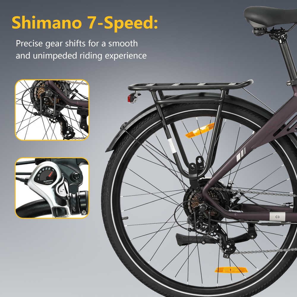 TTGO C3 SE Electric Bike, 250W Motor, 36V 18Ah Battery, 28 inch Tires, 25km/h Max Speed, 120km Max Range, Mechanical Disc Brakes, Front Suspension Fork, Shimano 7-speed - Purple