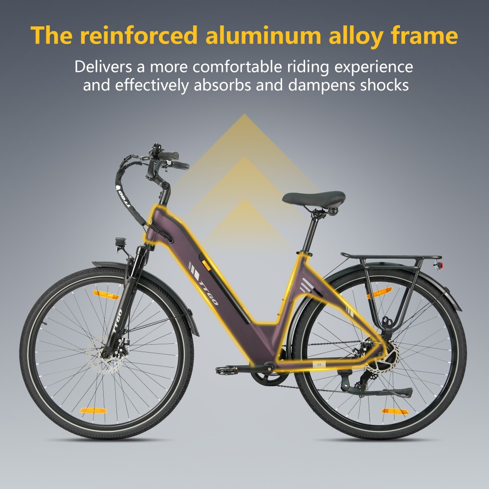 TTGO C3 SE Electric Bike, 250W Motor, 36V 18Ah Battery, 28 inch Tires, 25km/h Max Speed, 120km Max Range, Mechanical Disc Brakes, Front Suspension Fork, Shimano 7-speed - Purple