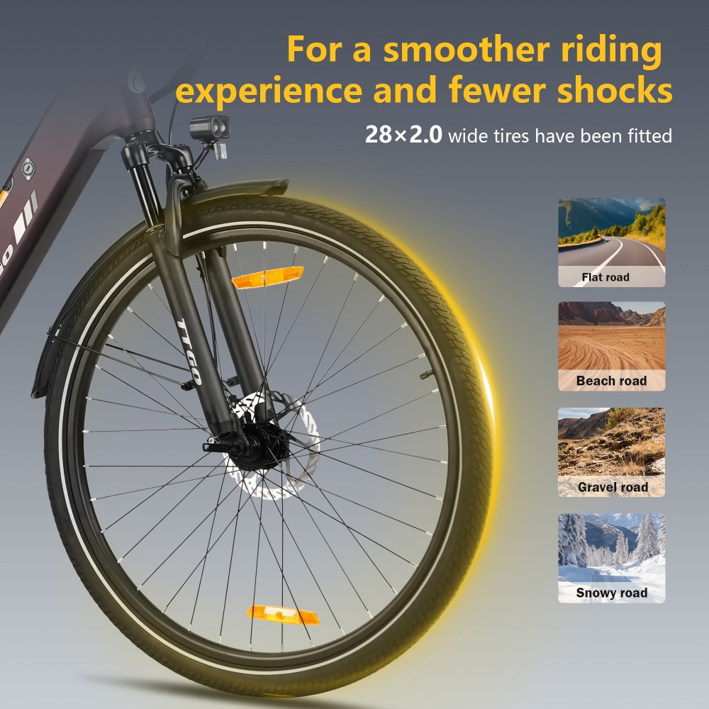 TTGO C3 SE Electric Bike, 250W Motor, 36V 18Ah Battery, 28 inch Tires, 25km/h Max Speed, 120km Max Range, Mechanical Disc Brakes, Front Suspension Fork, Shimano 7-speed - Purple